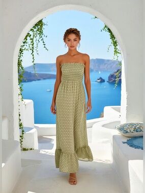Max Rave Olive Green Strapless Smocked Maxi Dress
